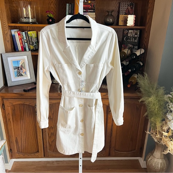 ASOS Cream Button Front Belted Denim Trench Coat US Size 10 NWT - Picture 2 of 13